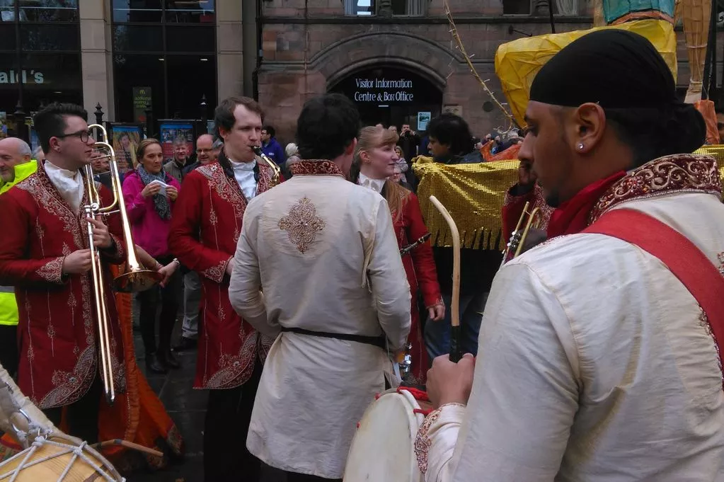 The band prepares to lead the Chester Diwali parade from the Town Hall Square